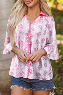 Purple Floral Collared Ruffled Half Sleeve Shirt Purple Floral Collared Ruffled Half Sleeve Shirt - Image 3