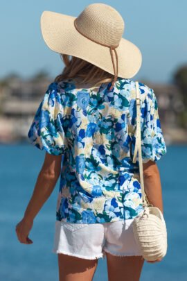 Sky Blue Floral Print Short Puff Sleeve V Neck Blouse Sky Blue Floral Print Short Puff Sleeve V Neck Blouse - Image 2