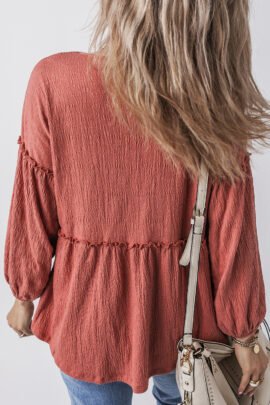 Mineral Red Solid Color Textured Frilled Trim V Neck Puff Sleeve Blouse Mineral Red Solid Color Textured Frilled Trim V Neck Puff Sleeve Blouse - Image 2