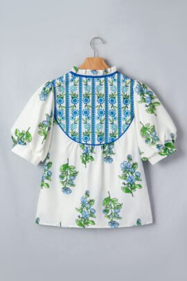 White Floral Print Contrast Trim Tie Neck Blouse White Floral Print Contrast Trim Tie Neck Blouse - Image 8