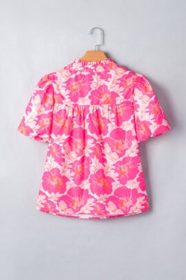 Pink Short Bubble Sleeve Summer Floral Blouse Pink Short Bubble Sleeve Summer Floral Blouse - Image 3