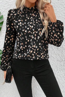 White Leopard Print Lantern Sleeve Mock Neck Pleated Blouse - Image 6