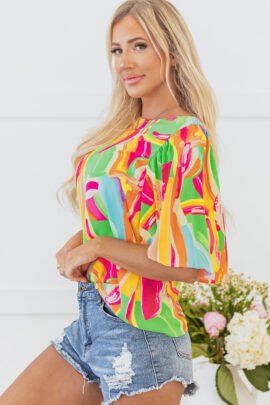Multicolour Abstract Print Keyhole Back Pleated Half Sleeve Blouse Multicolour Abstract Print Keyhole Back Pleated Half Sleeve Blouse - Image 3