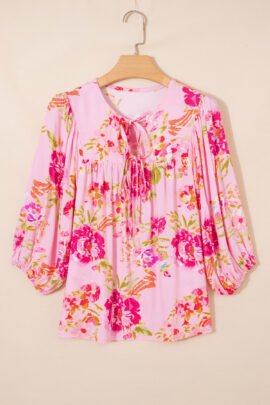 Pink Floral Print Tie Neck Puffy Half Sleeve Blouse - Image 4
