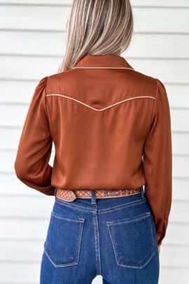 Cinnamon Silky Long Sleeve Button Front Western Fashion Shirt Cinnamon Silky Long Sleeve Button Front Western Fashion Shirt - Image 3
