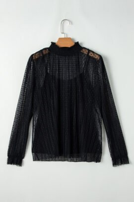 Black Dotty Lace Sheer Mock Neck Long Sleeve Blouse Black Dotty Lace Sheer Mock Neck Long Sleeve Blouse - Image 7