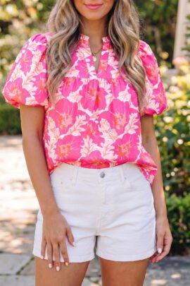 Pink Short Bubble Sleeve Summer Floral Blouse