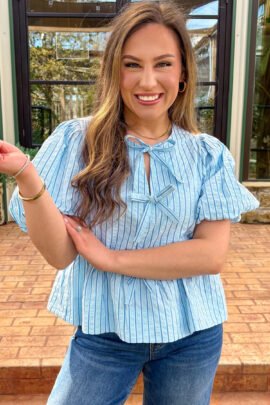 Sky Blue Stripe Bow Knot Textured Short Puff Sleeve Babydoll Blouse Sky Blue Stripe Bow Knot Textured Short Puff Sleeve Babydoll Blouse - Image 2