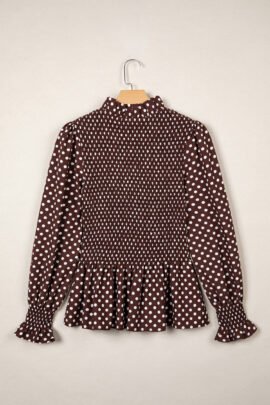 Brown Polka Dot Ruffled High Neck Shirred Ruffle Hem Blouse Brown Polka Dot Ruffled High Neck Shirred Ruffle Hem Blouse - Image 6