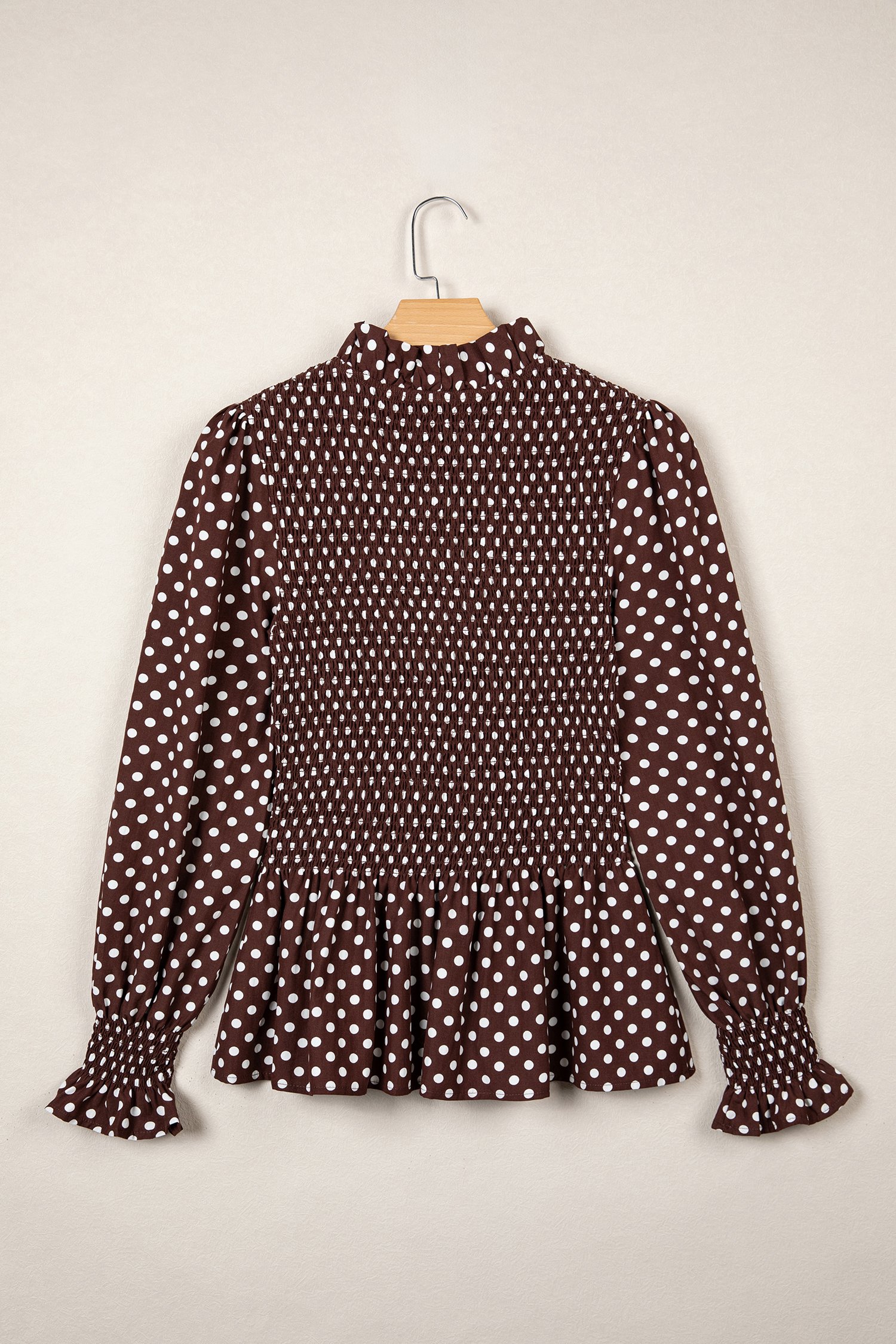 Brown Polka Dot Ruffled High Neck Shirred Ruffle Hem Blouse Brown Polka Dot Ruffled High Neck Shirred Ruffle Hem Blouse - Image 6