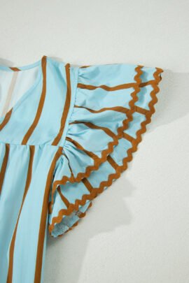 Sky Blue Stripe Ricrac Trim Double Ruffled Short Sleeve V Neck Blouse - Image 8