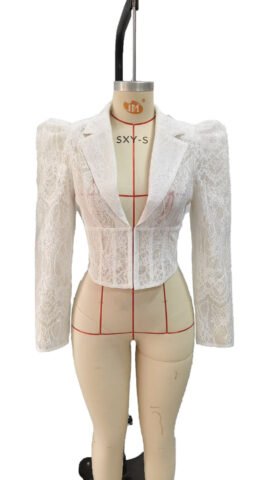 White lace waist cinched bubble sleeve shirt top - Image 4