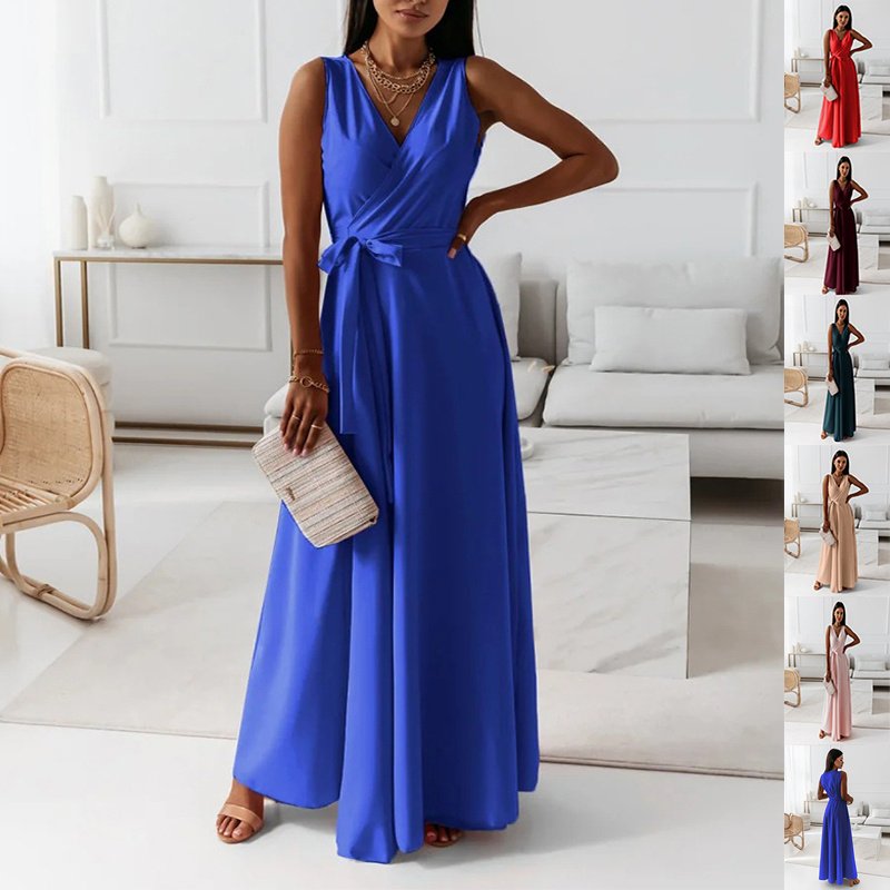 V-neck Sleeveless Dress With Belt Summer Fashion Party Club Evening Maxi Dresses For Women Clothing V-neck Sleeveless Dress With Belt Summer Fashion Party Club Evening Maxi Dresses For Women Clothing