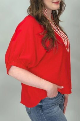 Red V Neck Plaid Collar Short Sleeve Tunic Blouse Red V Neck Plaid Collar Short Sleeve Tunic Blouse - Image 4