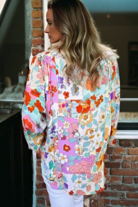 Pink Floral Print Patchwork Frilly Neckline Long Sleeve Shirt Pink Floral Print Patchwork Frilly Neckline Long Sleeve Shirt - Image 2