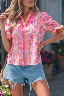 Pink Poppy Flower Striped Print Color Block Trim V Neck Short Sleeve Blouse Pink Poppy Flower Striped Print Color Block Trim V Neck Short Sleeve Blouse - Image 8