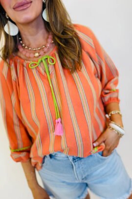 Orange Stripe Tassel Tie Neck Bracelet Sleeve Cotton Blouse - Image 2