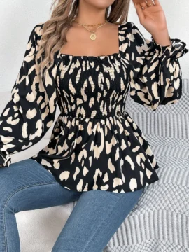 Leopard Print Smocked Square Neck Blouse Leopard Print Smocked Square Neck Blouse - Image 6