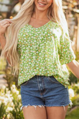 Green Floral Print Ruffle Sleeve V Neck Blouse Top Green Floral Print Ruffle Sleeve V Neck Blouse Top - Image 8