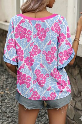 Rose Floral Print Ruffled Color Block Trim Half Sleeve Blouse - Image 2