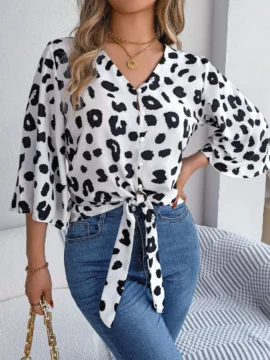 Leopard Print Tie Front V-Neck Blouse - Image 3