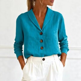 Linen Look Shawl Collar Long Sleeve Blouse Linen Look Shawl Collar Long Sleeve Blouse - Image 2