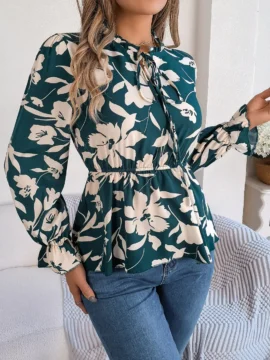 Floral Print Mock Neck Peplum Blouse - Image 10