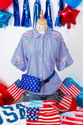 Sky Blue Stripe Lily Floral Embroidered Puff Sleeve Button Down Shirt Sky Blue Stripe Lily Floral Embroidered Puff Sleeve Button Down Shirt - Image 7