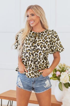 Apricot Leopard Bubble Sleeve Bow Tie Front Peplum Blouse - Image 6