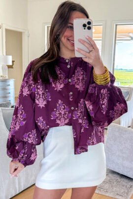 Purple Floral Print Button Front Long Puff Sleeve Shirt Purple Floral Print Button Front Long Puff Sleeve Shirt - Image 7