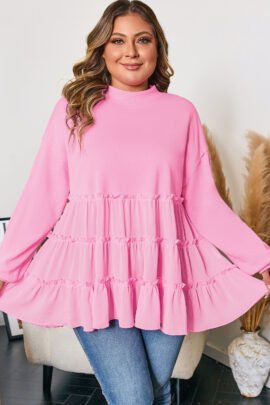 Pink Tiered Ruffle Ribbed Crew Neck Pullover Plus Size Top Pink Tiered Ruffle Ribbed Crew Neck Pullover Plus Size Top - Image 3