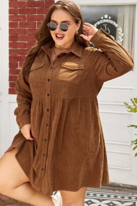 Camel Corduroy Full Buttoned Collared Shirt Style Plus Size Dress - Image 3