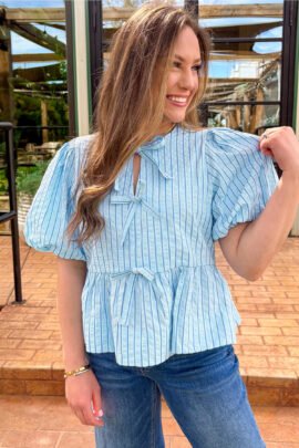 Sky Blue Stripe Bow Knot Textured Short Puff Sleeve Babydoll Blouse Sky Blue Stripe Bow Knot Textured Short Puff Sleeve Babydoll Blouse - Image 3