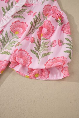 Pink Sweet Blooms Ruffle Striped Trim Puff Sleeve Shirt Pink Sweet Blooms Ruffle Striped Trim Puff Sleeve Shirt - Image 7