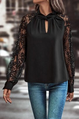 Black Keyhole Neckline Floral Lace Raglan Sleeve Blouse Black Keyhole Neckline Floral Lace Raglan Sleeve Blouse - Image 6
