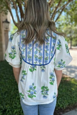 White Floral Print Contrast Trim Tie Neck Blouse White Floral Print Contrast Trim Tie Neck Blouse - Image 4