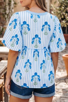 Sky Blue Floral Print Tie Neck Puff Sleeve Blouse Sky Blue Floral Print Tie Neck Puff Sleeve Blouse - Image 2