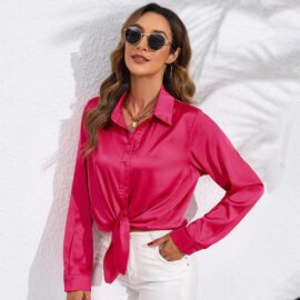 Women's Solid Color Satin Satin Long Sleeve Blouse - Image 8