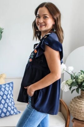 Dirty Blue V Neck Ruffled Sleeve Floral Embroidered Detail Babydoll Blouse Dirty Blue V Neck Ruffled Sleeve Floral Embroidered Detail Babydoll Blouse - Image 2
