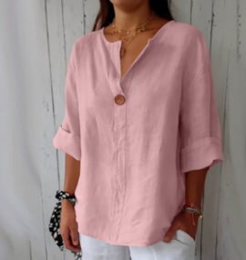 Women's Cotton Linen Henley Blouse – Loose Fit Top