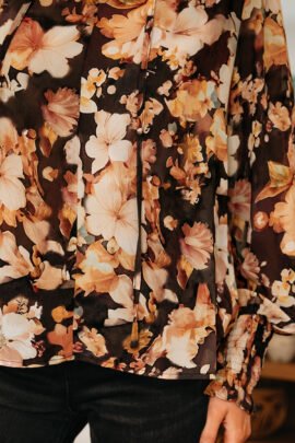Black Floral V Neck Long Puff Sleeve Breezy Blouse - Image 8