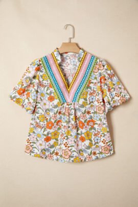 Multicolour Crochet V Neckline Puff Sleeve Boho Flower Blouse Multicolour Crochet V Neckline Puff Sleeve Boho Flower Blouse - Image 8