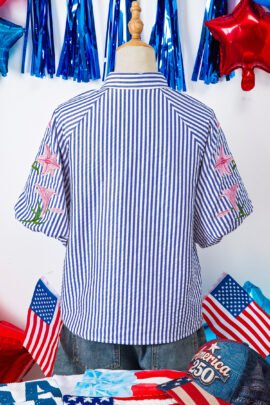 Sky Blue Stripe Lily Floral Embroidered Puff Sleeve Button Down Shirt Sky Blue Stripe Lily Floral Embroidered Puff Sleeve Button Down Shirt - Image 5