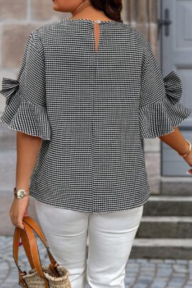 Black Plus Size Plaid Bow Decor Bell Sleeve Round Neck Jumper Black Plus Size Plaid Bow Decor Bell Sleeve Round Neck Jumper - Image 2