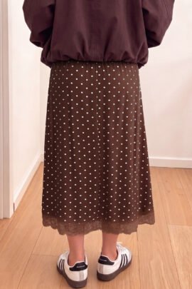Brown Polka Dot Lace Hem Elegant Long Shift Skirt - Image 2