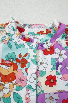 Pink Floral Print Patchwork Frilly Neckline Long Sleeve Shirt Pink Floral Print Patchwork Frilly Neckline Long Sleeve Shirt - Image 6