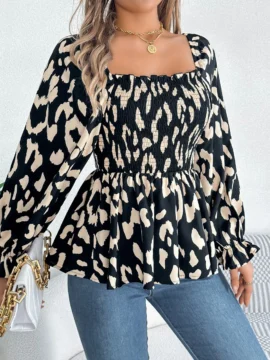 Leopard Print Smocked Square Neck Blouse Leopard Print Smocked Square Neck Blouse - Image 4