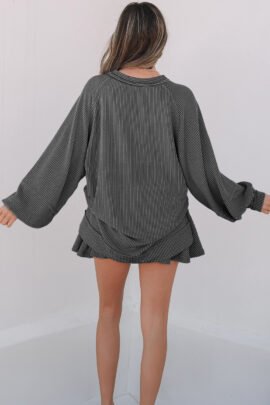 Sky Blue Corded Lantern Sleeve Top High Waist Ruffled Mini Skort Set - Image 5