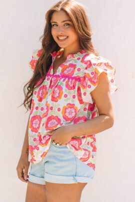 Rose Floral Ruffled Sleeve Ric-rac Trim Split Neck Loose Blouse Rose Floral Ruffled Sleeve Ric-rac Trim Split Neck Loose Blouse - Image 3