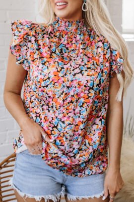Orange Floral Print Flutter Sleeve Blouse Top - Image 7